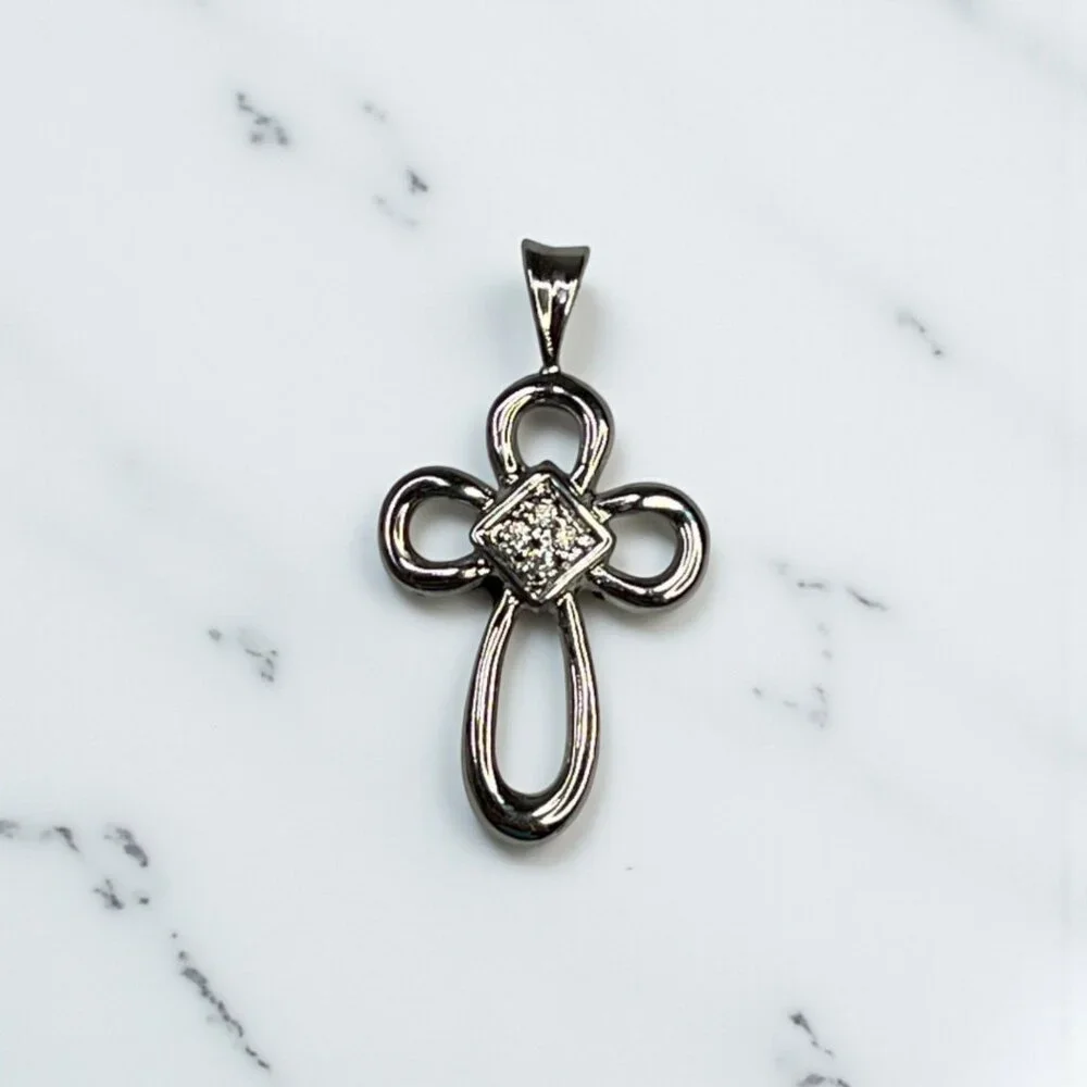 Small Cross Silver-Tone Pendant With Cubic Zirconia Accents - Picture 1 of 9